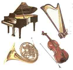 MUSICAL INSTRUMENTS - PIANO, VIOLIN, HARP, HORN