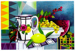 Modern Fruit Mural, Pitcher, Bowl of Grapes, Lemon