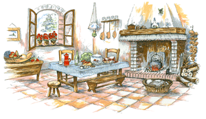 Alpine Kitchen MURAL, Fireplace, Fire wood, Lettuce, carrots, pans, flowers, window, basket, fruit, vegetables, pear, grapes