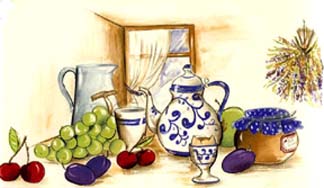 Kitchen Mural - Pitchers, grapes, cherries, plums, window