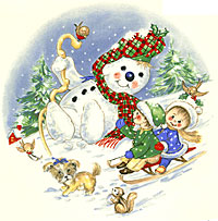 Snowman, Children on Sled - Playful