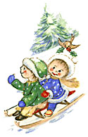 Snowman, Children on Sled - Playful - 12 PER SHEET