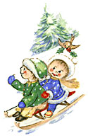 Snowman, Children on Sled - Playful