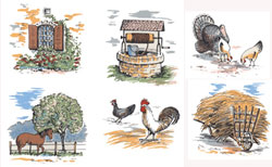 Wishing Well, Horse, Chickens, Turkey, Hay Wagon