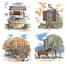 Wishing Well, Horse, Hay Wagon, Window