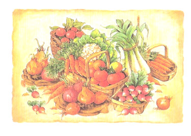 Vegetable Basket Mural, Beets, Onions, Radishes, Tomatoes, Cauliflower, Carrots