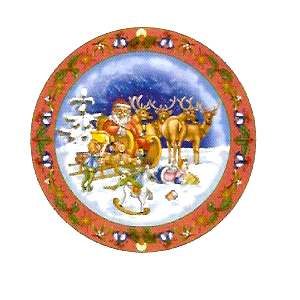 Christmas Scene with Santa & Sleigh full of Toys, Reindeer, Elf