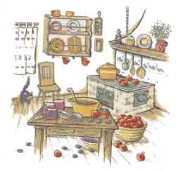 COUNTRY KITCHEN - APPLES, PLUMS, STOVE