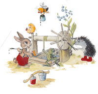 Easter Scene-Bunnies, bee, chick, frog