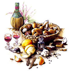 Bottle With Basket Mural, Oranges, Mushrooms, Wine Glass, Garlic, Cinammon, Herb Bouquet