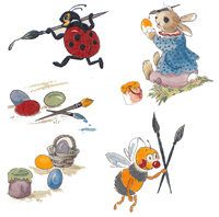 Easter Bunny, bee, ladybug, paint brushes