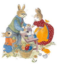 Easter Scene-Bunnies painting eggs
