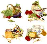 Vegetables, Tomatoe, Milk, Pitcher, Cheese, Mushrooms, Grater, Crock, Grapes, Pear, Cherry, Strawberry, Pasta, Lettuce, Eggplant, Carrots, Corn, Radish, Peas, Olives, Pasta, Cheese, Cutting Board, Leek