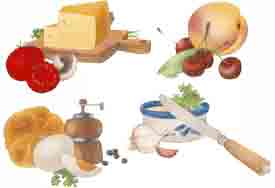 Vegetables, Tomatoe, Mushroom, Egg, Cheese, Garlic, Bread, Peach, Cherry
