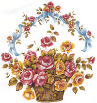 Basket of Pink and Gold Colored Roses with Blue Ribbon