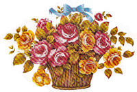 Basket of Pink and Gold Colored Roses with Blue Ribbon