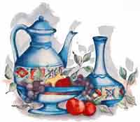 Morocco  Mural, Blue Pitcher,Tea Pot, Bowl, Grapes, Pear,Apple