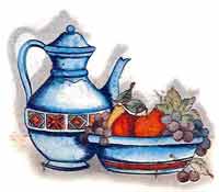 Morocco Accent, Pitcher,Tea Pot, Blue Bowl, Grapes, Apple, Pear