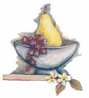 Pear and Grapes in bowl on shelf