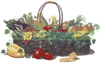 Wicker Basket Mural, Iron, Carrots, Asparagus, Peppers, Lemon, Grapes, Eggplant, Corn, Peas