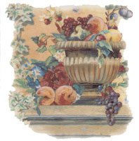 Fruit and Floral Urn, Roses, Ivy, Blue Morning Glories, Peach, Apple, Pear, Lemon, Grapes