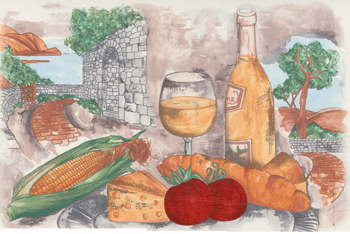 TUSCANY MURAL, WINE, CHEESE, TOMATO, CORN, BREAD