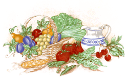 Vegetable and Fruit Basket, Pears, Peas, Corn, Cherry, Plums, Grapes, Pears