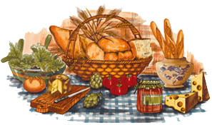 Bread Basket Mural with Bread, Lettuce, Cheese, Tomatoes, Artichokes