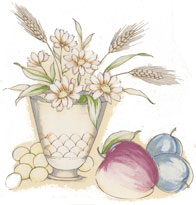 Vase with flowers, wheat, apple, plum