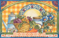 Vegetable Kitchen Mural , Carrots, Peppers, Basket, Plate, Flowers, Crock, Pitcher