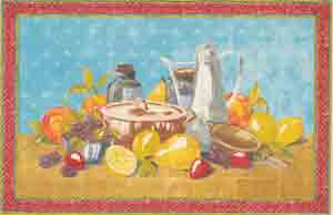 Fruit and Kitchen Pot Mural WITH PLUMS, JAM, PEAR, ORANGE