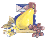 Pear and Grapes on shelf with blossoms