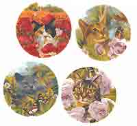 Cats with Flowers, Butterflies - Set of 4