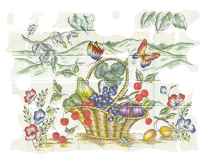 French Fruit Basket  Cherries, Grapes, Plums,Floral, Butterflies