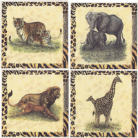 Wildlife Animals with border (4 piece set) Elephant Tiger Giraffe Lion