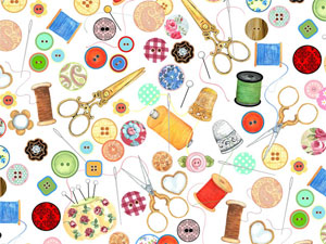 Sewing Chintz - Scissors, Thread, Buttons, Pins