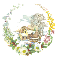 Winter Seasons Cottage with berries, snow drops, flowers