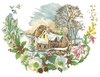 Winter Seasons Cottage with berries, snow drops, flowers