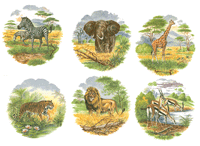 SAFARI ANIMALS, GIRAFFE, ELEPHANT, LION, TIGER, ZEBRA, ANTELOPE