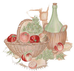 Wine Bottle with Fruit Basket Mural  Orange, Tomato, Apple, Lemon, Grapes