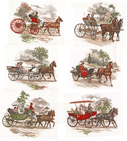 HORSE DRAWN ANTIQUE CARRIAGES SET OF 6
