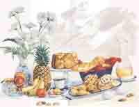 Pineapple, Bananas, Pastries, Eggs, Nuts, Vase of Daisies