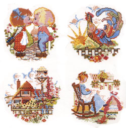 Country Sampler, House, Rooster, New Mother, Children Kissing Set of 4