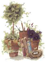 Topiary with Pansies, Books, Paintbrushes