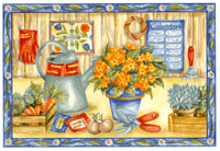 POTTING PLANTS MURAL, CARROTS, WATER JUG, GLOVES, GARDNEING, FLOWERS